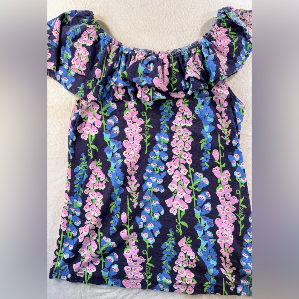 Lilly Pulitzer Wynne Asymmetrical Flounce Ruffle Top Navy Blue Bells (Foxglove)